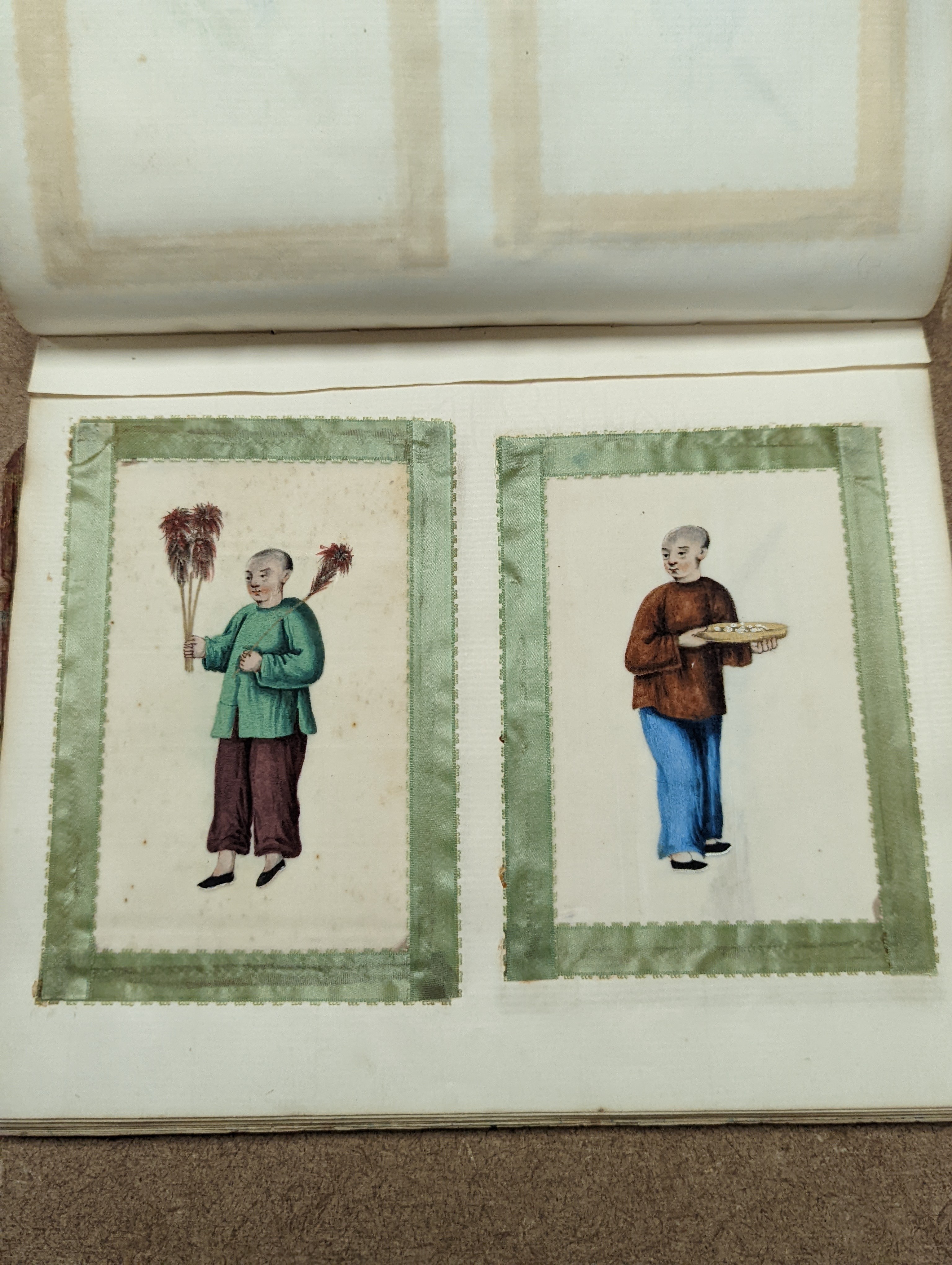 Three albums of assorted 19th century Chinese pith paintings of trades, mandarin figures and boats